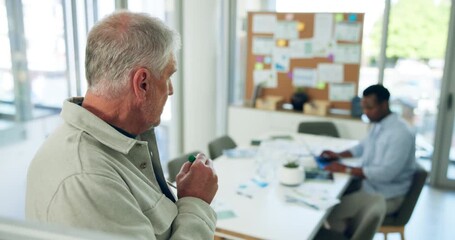 Man, board and planning with team at startup, talk and review with laptop, charts or solution at office. Mature person, writing and brainstorming with staff, feedback and question at creative agency