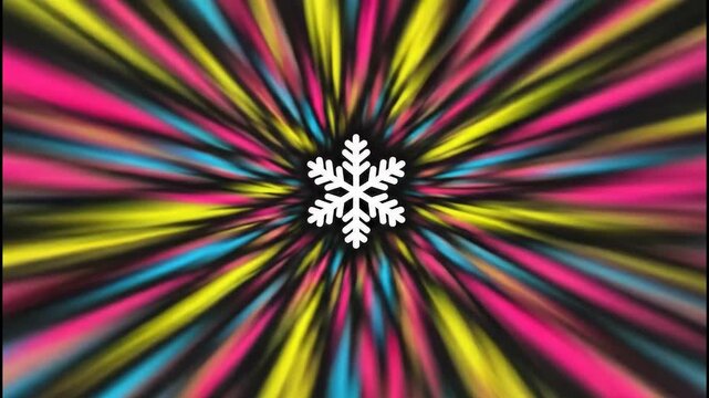 A bold graphic snowflake centered experiences dramatic dolly zoom. Snowflake, vibrant radial pattern, neon colors, abstract, festive dolly zoom vertigo