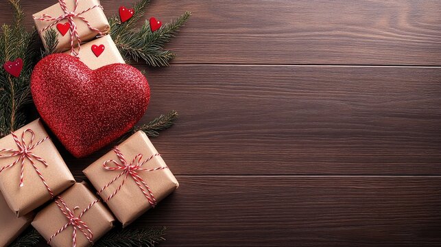 Valentine's Day gifts wrapped in brown paper and red string, arranged on a dark wood table. A prominent glittery red heart enhances the festive charm among lovely smaller presents