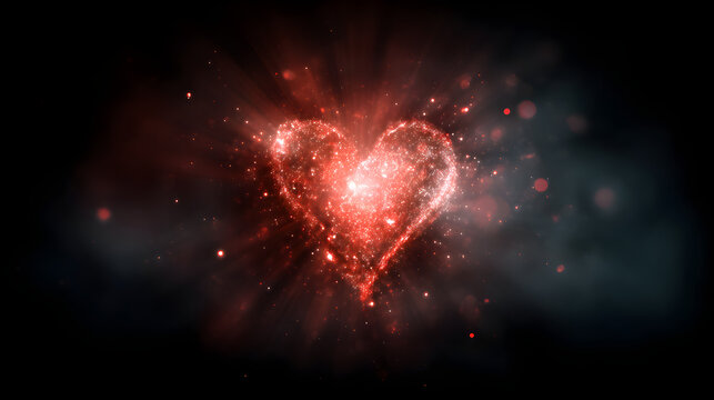 Radiant Red Heart Made of Glittering Light in a Dark Romantic Scene