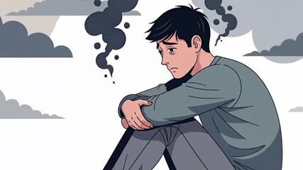 Young man sitting alone in a moody gray landscape, reflecting on thoughts and emotions.