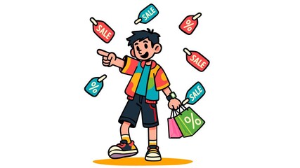 Cheerful animated boy pointing excitedly while holding shopping bags, surrounded by vibrant sale and discount tags. Perfect upbeat footage for promotions, shopping campaigns, seasonal deals, and marke