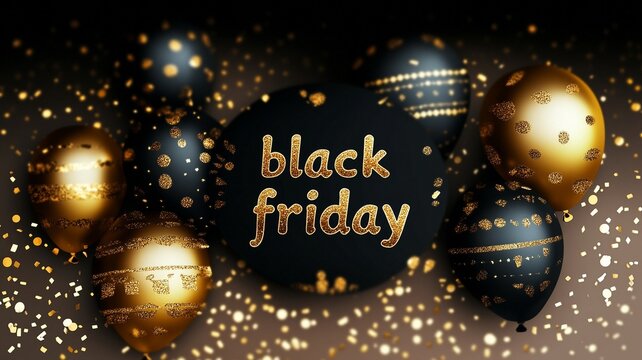 "Black Friday" Black and Gold Balloon Decor Image, Promotion Design Element (Suitable for Promotional Ads, E - commerce Design, Visual Materials, etc.)