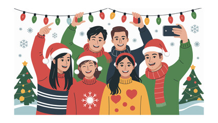Holiday cheer captured in a festive gathering: A group of friends and family come together. Sharing a cheerful moment amidst holiday decorations, capturing the spirit of togetherness and warmth.