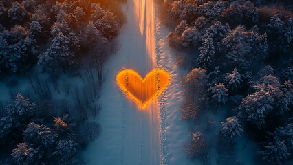 Illustration of a glowing heart in a snowy forest. The heart is located in the middle of a snowy path in the middle of the forest.