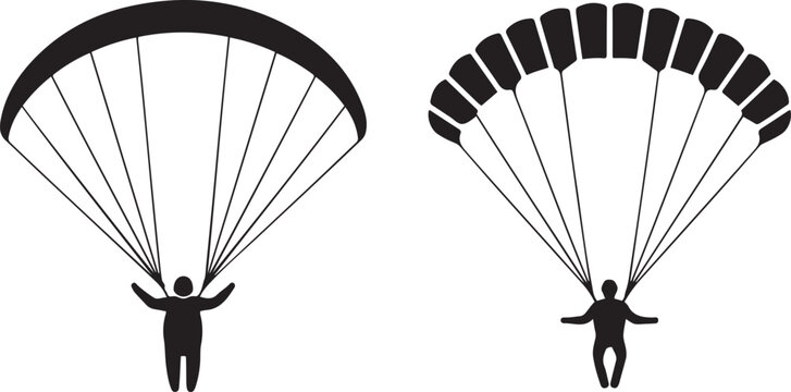 Paragliding, glider, parachute, jumping icon isolated. Vector Black silhouettes. with white background