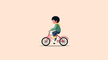 A cheerful young child with dark hair enjoys a leisurely ride on a red bicycle with white-walled tires, set against a light peach background, evoking a sense of simple joy and outdoor activity
