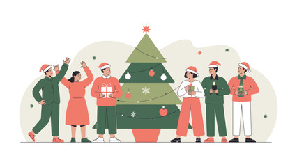 Holiday gathering around Christmas Tree: A festive scene unfolds as a group of people, donned in holiday attire, gather around a beautifully decorated Christmas tree, full of cheer and anticipation.