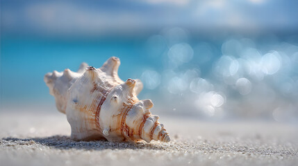 Seashell resting gently on sandy shore with blue ocean backdrop