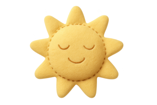 Soft yellow plush sun with smiling face and stitched seams