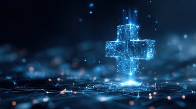 Futuristic glowing medical cross connected network