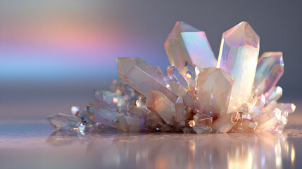 Shimmering clear crystals clustered with soft reflections on surface
