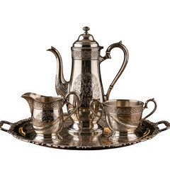 Ornate antique silver coffee pot creamer sugar bowl and tray set isolated on transparent background