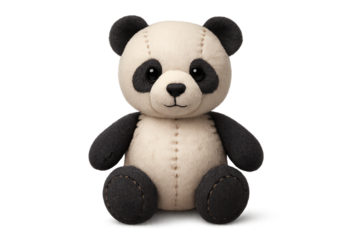 Cute beige and black panda plush toy with soft fabric and stitched details