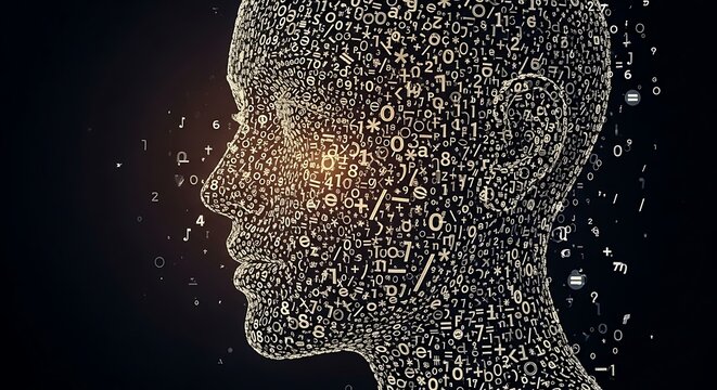 Digital Mind - A Silhouette of a Human Head Composed of Numbers and Symbols.