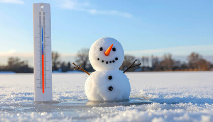 Fototapeta premium Cheerful snowman with carrot nose stands beside thermometer on snowy field under clear blue sky