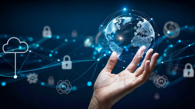 Hand Holding a Glowing Digital Globe with Network of Locks and Clouds in Background earth world