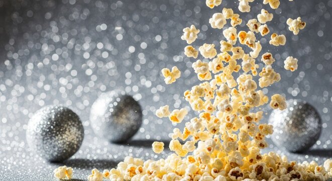 Fresh popcorn falling against silver bokeh background, festive snack time concept