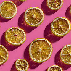 Uniform pattern of dried lemon slices with shadow on a pink background. Flat lay