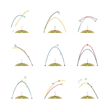 Baseball Trajectory Vector Chart Collection, Ball Movement Physics Diagram Infographic Set, Flat Design High Angle Analysis