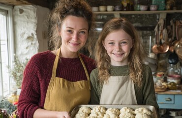 A girl aged 7 10 and a young woman hold a tray of scones