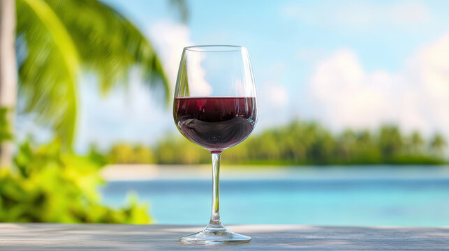 Glass of red wine sits elegantly on table, surrounded by tropical paradise with palm trees and serene ocean view, evoking relaxation and luxury