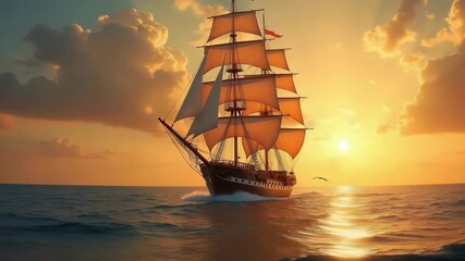 A grand tall ship with full sails gliding across a calm ocean at sunrise. The golden light reflects off the water, creating a serene yet adventurous atmosphere. 