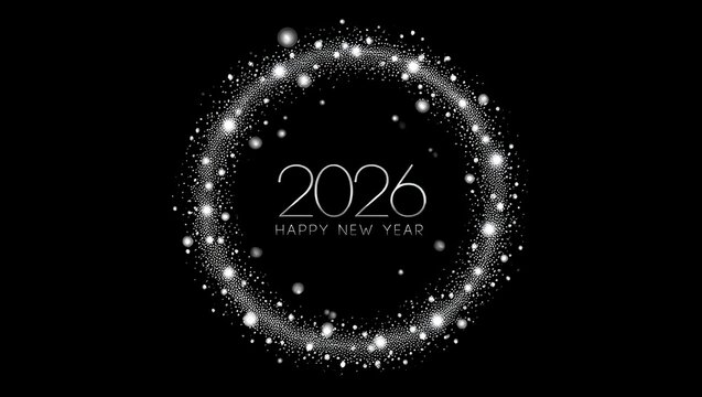 2026 New Year Sparkling Ring Celebration. At the center, elegant minimalist text reading ‘2026 Happy New Year’ in a sleek modern font. A black background featuring a glowing circular frame.