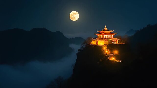 Temple illuminated under full moon, ancient chinese pagoda perched on misty hilltop surrounded by clouds and silhouetted mountains in dark blue night sky. Concept of travel, tourism, spirituality.