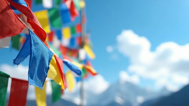 Colorful prayer flags fluttering under a bright blue sky with snowy mountains in the background, a vibrant outdoor scene. Concept of cultural festivals, travel and tourism agencies, spiritual retreat