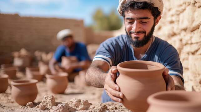 Craftsman shaping clay pottery sunlit workshop, showcasing traditional techniques and craftsmanship. scene evokes sense of artistry and heritage