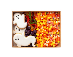 Obraz premium Halloween Snack Box Collection with Ghost Cookies and Gummy Worms, Top Angle, Transparent PNG 