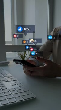 Woman using smart phone with emoticon icons of Social Media.Interactive with friends on chat with emoticon feedback.Social media,marketing, like,social network,blog,live,chat reaction and livestream.