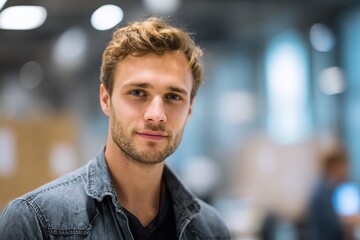 Attractive young man working in a blurred office setting