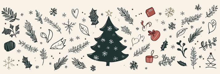 Hand drawn Christmas tree with holly leaves, winter snowflakes, festive holiday ornaments and seasonal botanical doodles seamless vector background illustration