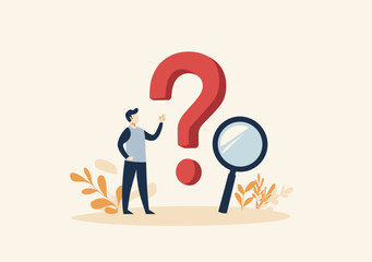Businessman examining large red question mark with giant magnifying glass searching for answers and problem solving concept vector illustration