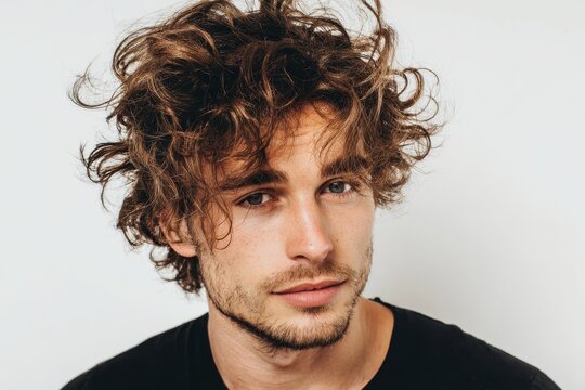 Attractive young man with curly hair on white backdrop