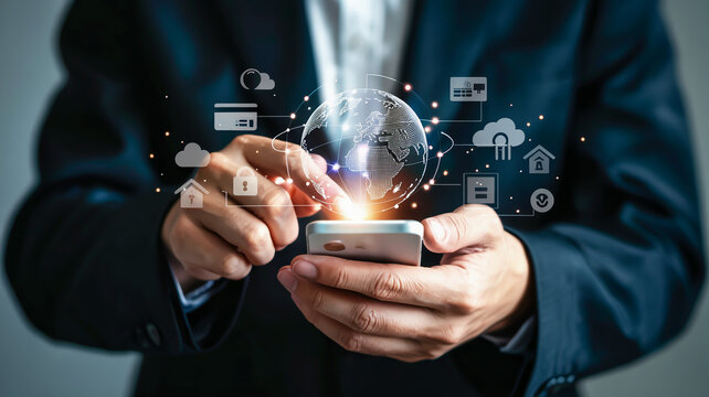Man in Suit Using Smartphone with Digital Globe and Network Icons Floating Above technology mobile phone - Powered by Adobe