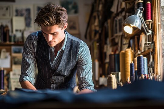 Attractive young seamster in his studio - Powered by Adobe