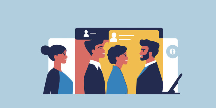 Flat vector illustration of diverse business people team participating in online video conference meeting on laptop for remote collaboration and communication concept