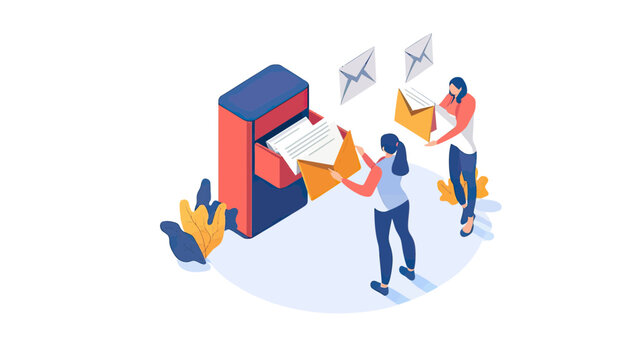 Isometric people sending and receiving mail at red postbox holding envelopes letters communication concept vector illustration