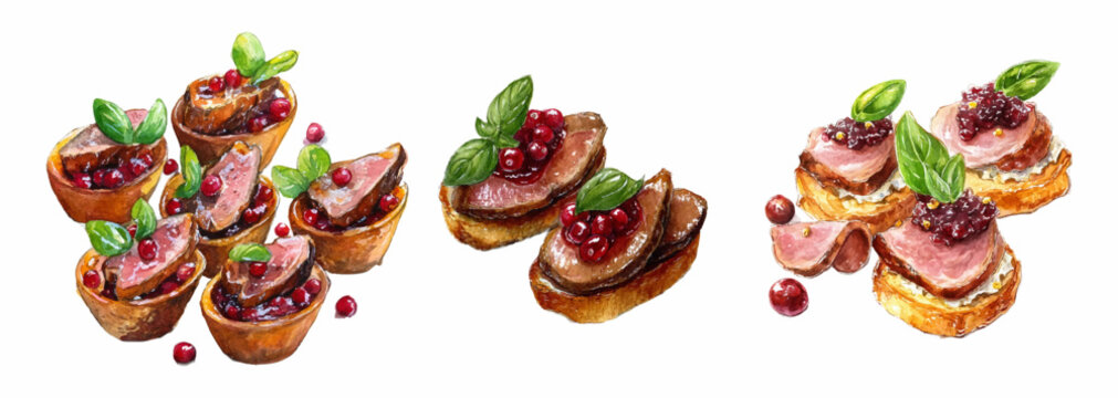 Watercolor illustration of gourmet canape appetizers, bruschetta with sliced meat, spicy cranberry or lingonberry sauce and fresh basil. Festive appetizers. Vector illustration.
