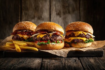 Rustic scene of three sesame-seed bun burgers, cheese, bacon, and golden fries