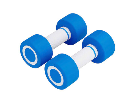 Pair of blue and white dumbbells, lightweight foam material, used for aquatic exercise, fitness, and physical therapy, isolated on transparency background, healthy lifestyle concept