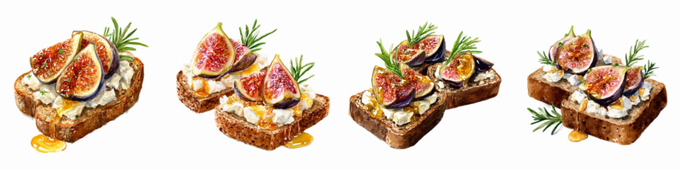Watercolor set of sandwiches with cream cheese and figs. Snack toasts on rye bread with soft cheese, fresh figs and drizzled with honey. Festive snacks. Vector illustration.