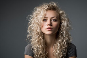 Fototapeta premium Attractive young woman with curly blonde hair in front of a gray backdrop
