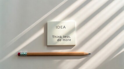 A white sticky note displaying the word Idea and a motivational phrase beside a wooden pencil on a clean desk illuminated by natural light