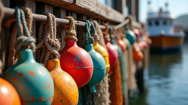 An atmospheric still life of vintage fishing equipment arranged on a weathered wooden dock. Items include an old tackle box, coiled rope, a handwoven fishing net, and a wooden bobber. 