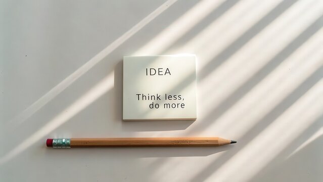 A white sticky note displaying the word Idea and a motivational phrase beside a wooden pencil on a clean desk illuminated by natural light