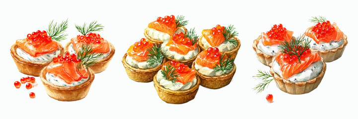Set of festive appetizers with watercolor red fish. Waffle tartlets with cream cheese, salmon, red caviar and herbs. Appetizers for the Christmas and festive table.